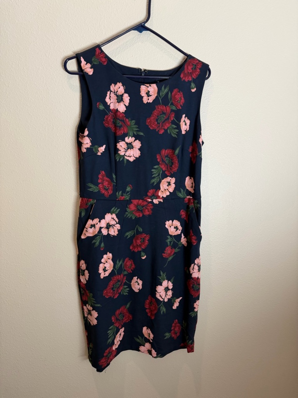 Lands' End Navy Midi Sheath Dress with Pink & Red Floral Print